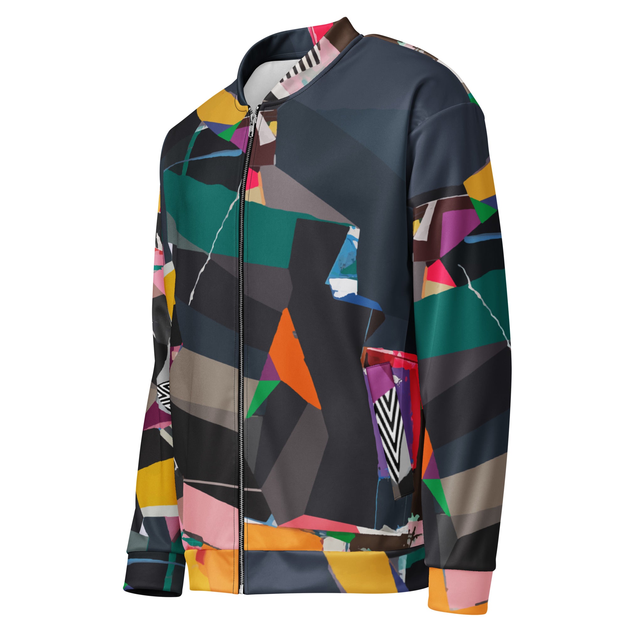 Side view of a men’s colorful artistic bomber jacket, abstract painting design, bold statement fashion
