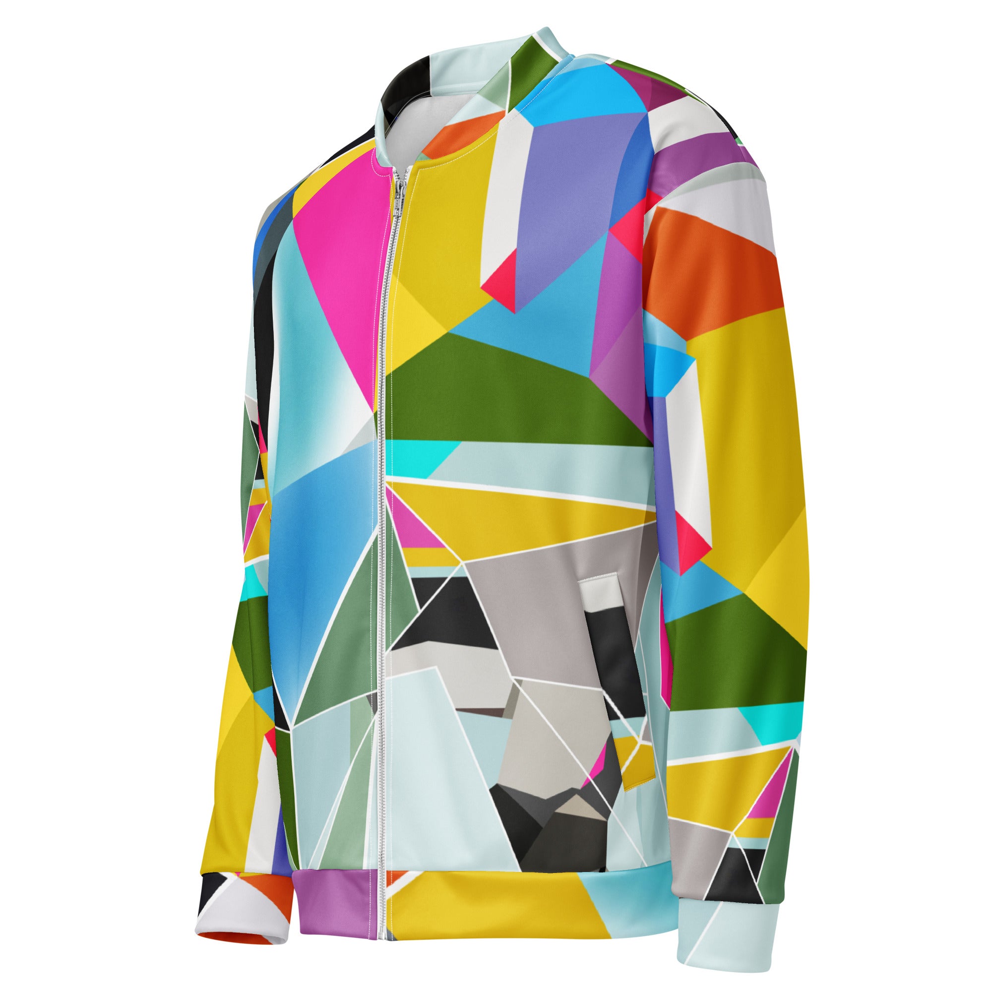 Men’s funky satin bomber jacket with colorful geometric pattern, bold statement outerwear for spring festivals and party outfits
