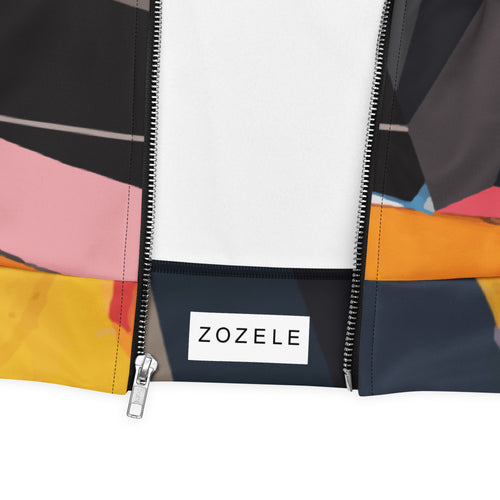 Close-up of colorful abstract painting design on a men’s artistic bomber jacket