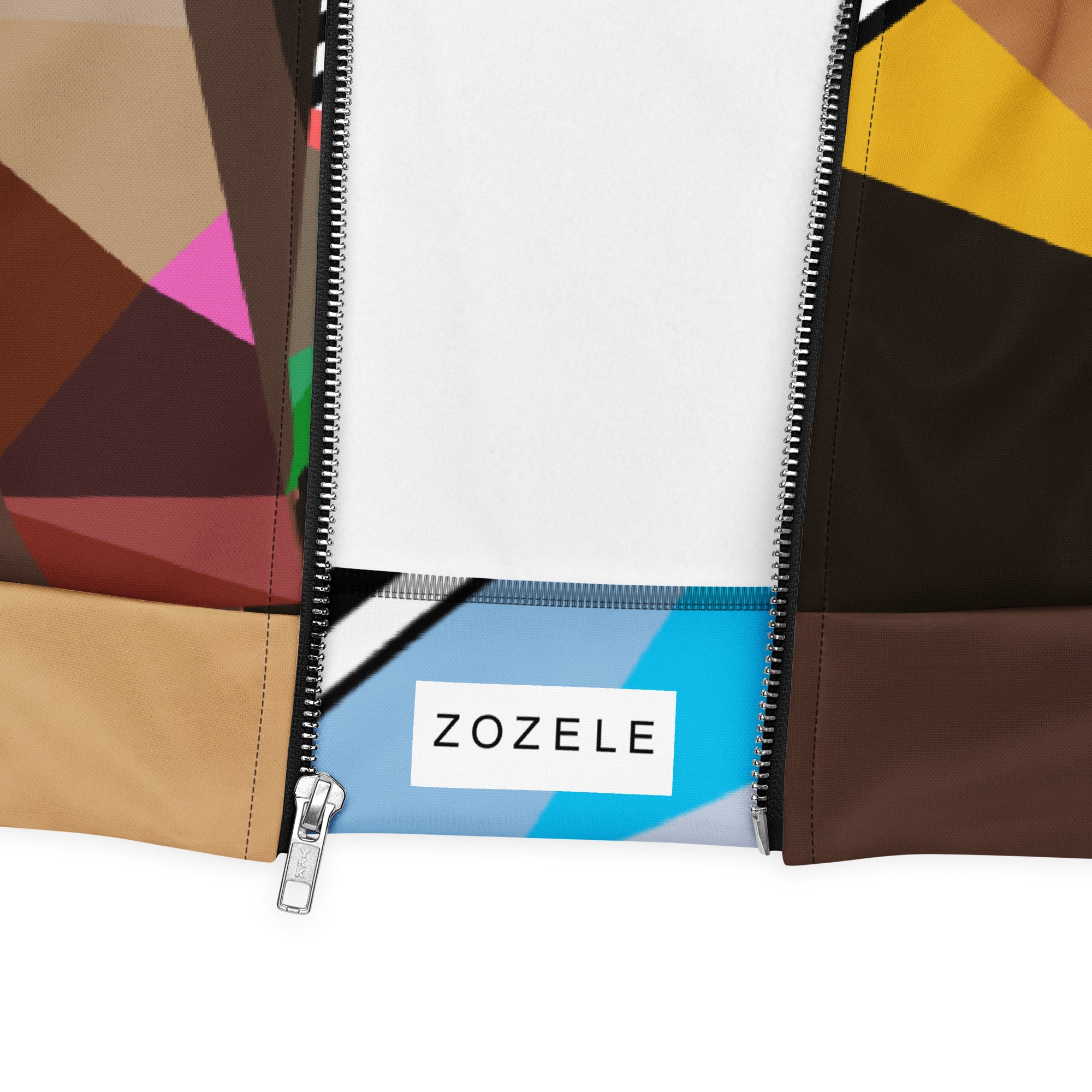 Close-up of geometric pattern detail on a colorful brown men’s bomber jacket