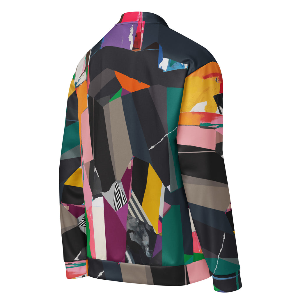 Side view of a men’s colorful artistic bomber jacket, abstract painting design, bold statement fashion