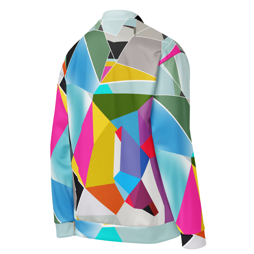 Bold colorful geometric bomber jacket for men, satin festival jacket designed for parties, events and standout spring style