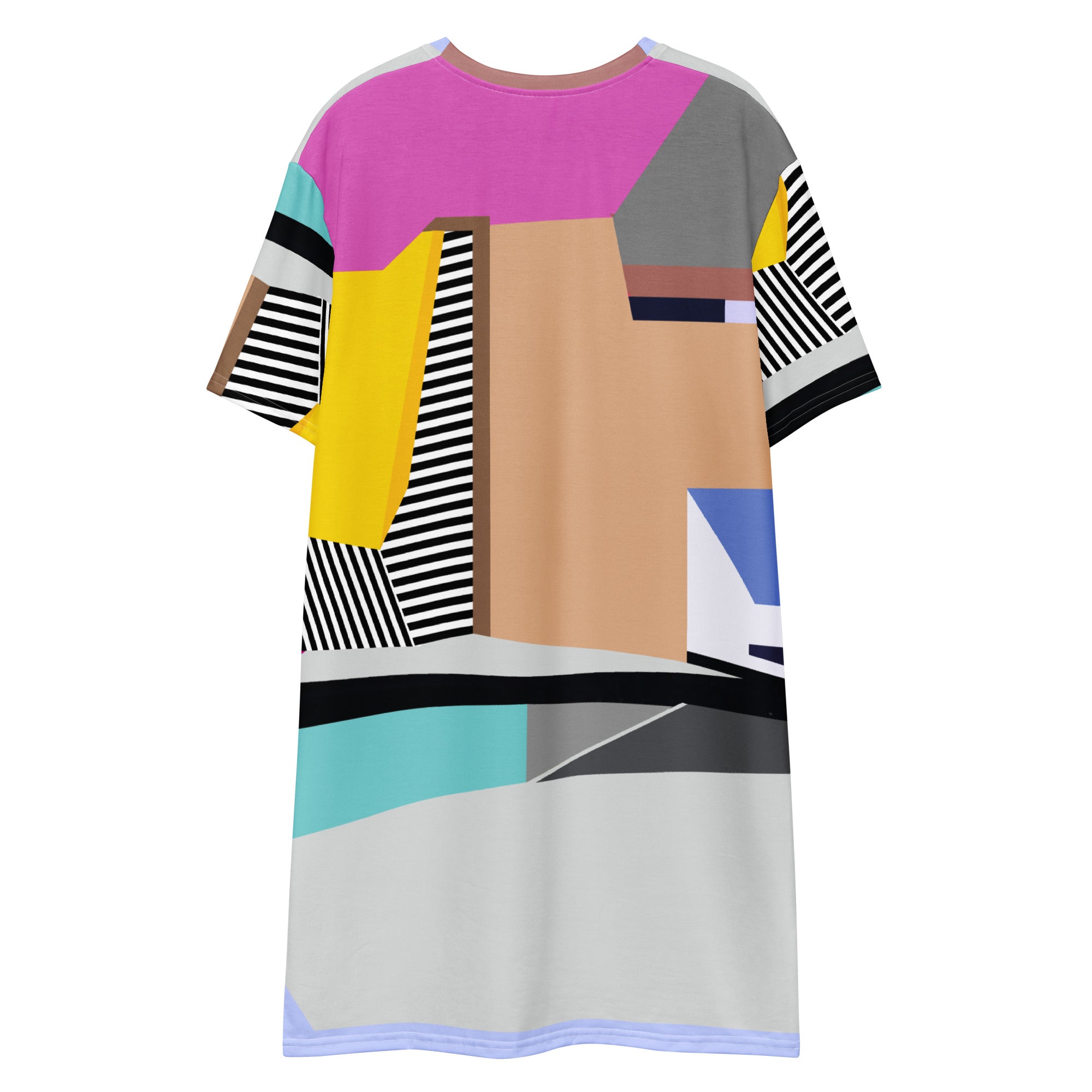 Back view of pink colorblock t-shirt dress with colorful stripes, trendy party and casual spring outfit for women