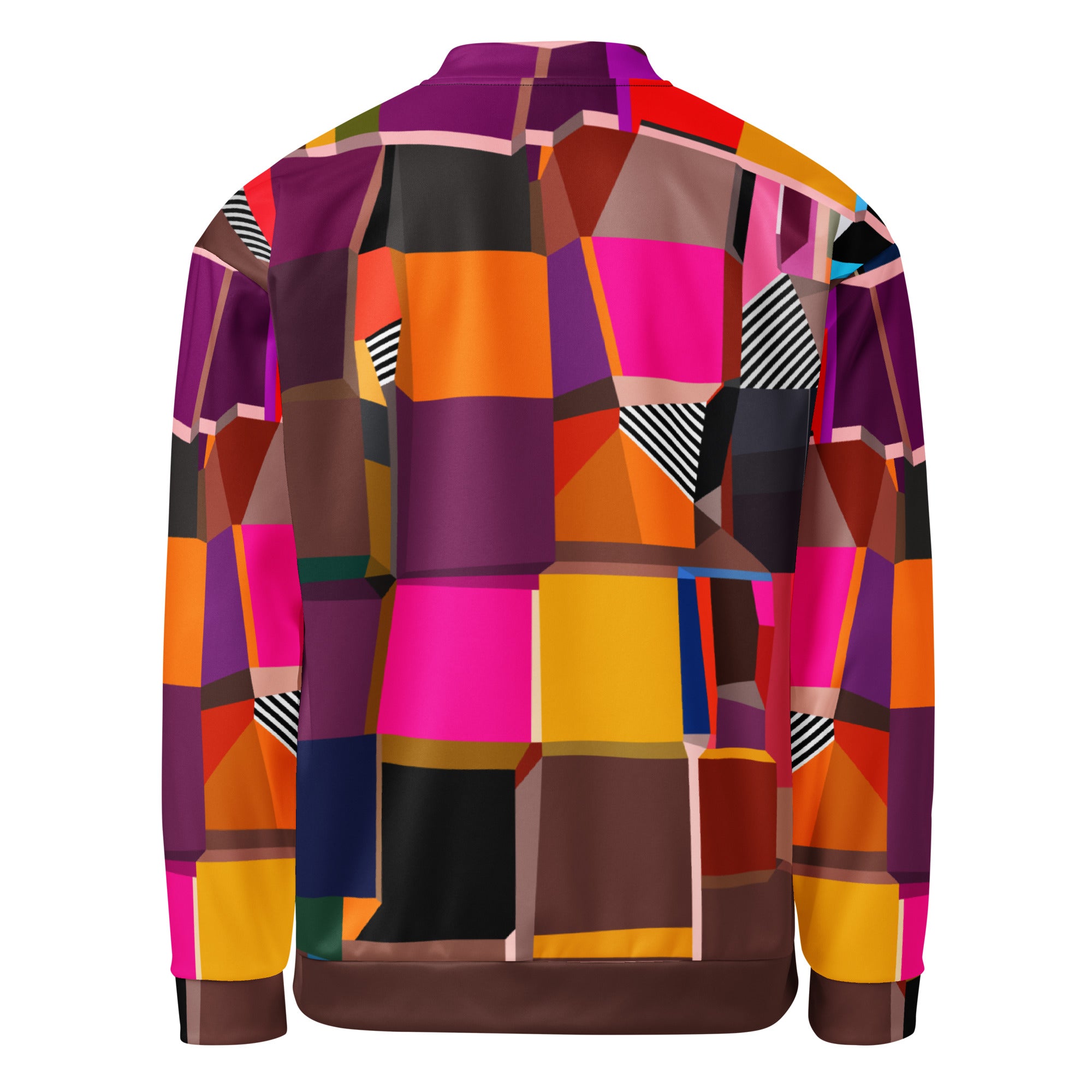 Back view of colorful multicolored purple, brown and pink bold print artistic bomber jacket, spring statement outerwear for festivals, parties, events, and street style fashion