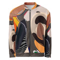 Front view of brown liquid swirl bomber jacket with retro abstract design, perfect statement jacket for spring festivals and events