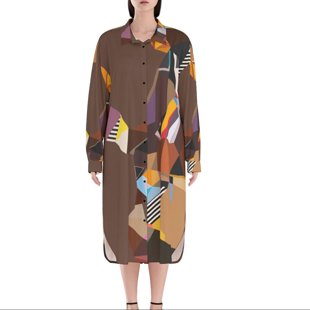brown abstract print shirt dress