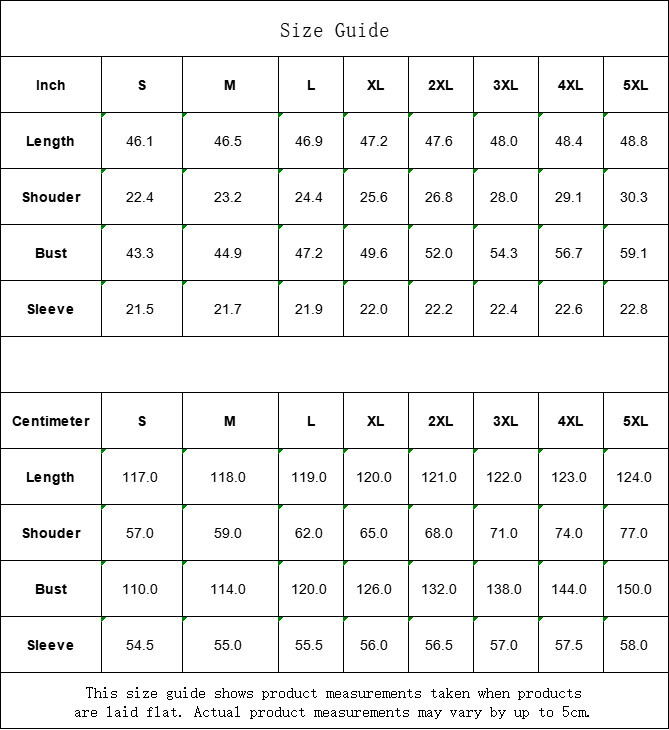 Size guide chart for clothing measurements in both inches and centimeters.