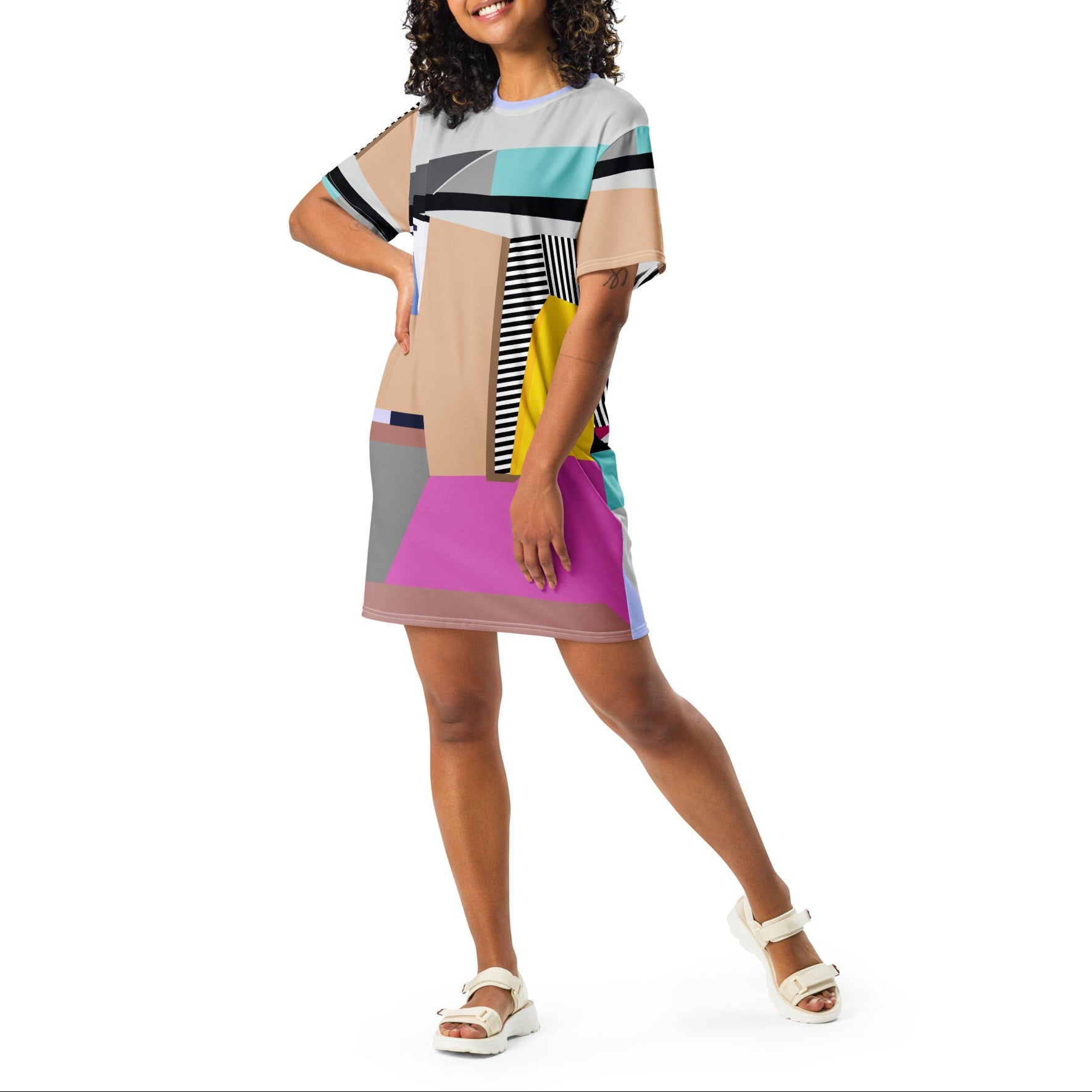 Female model wearing colorful pink colorblock t-shirt dress with stripes, perfect casual outfit for parties, garden parties, birthdays, and events