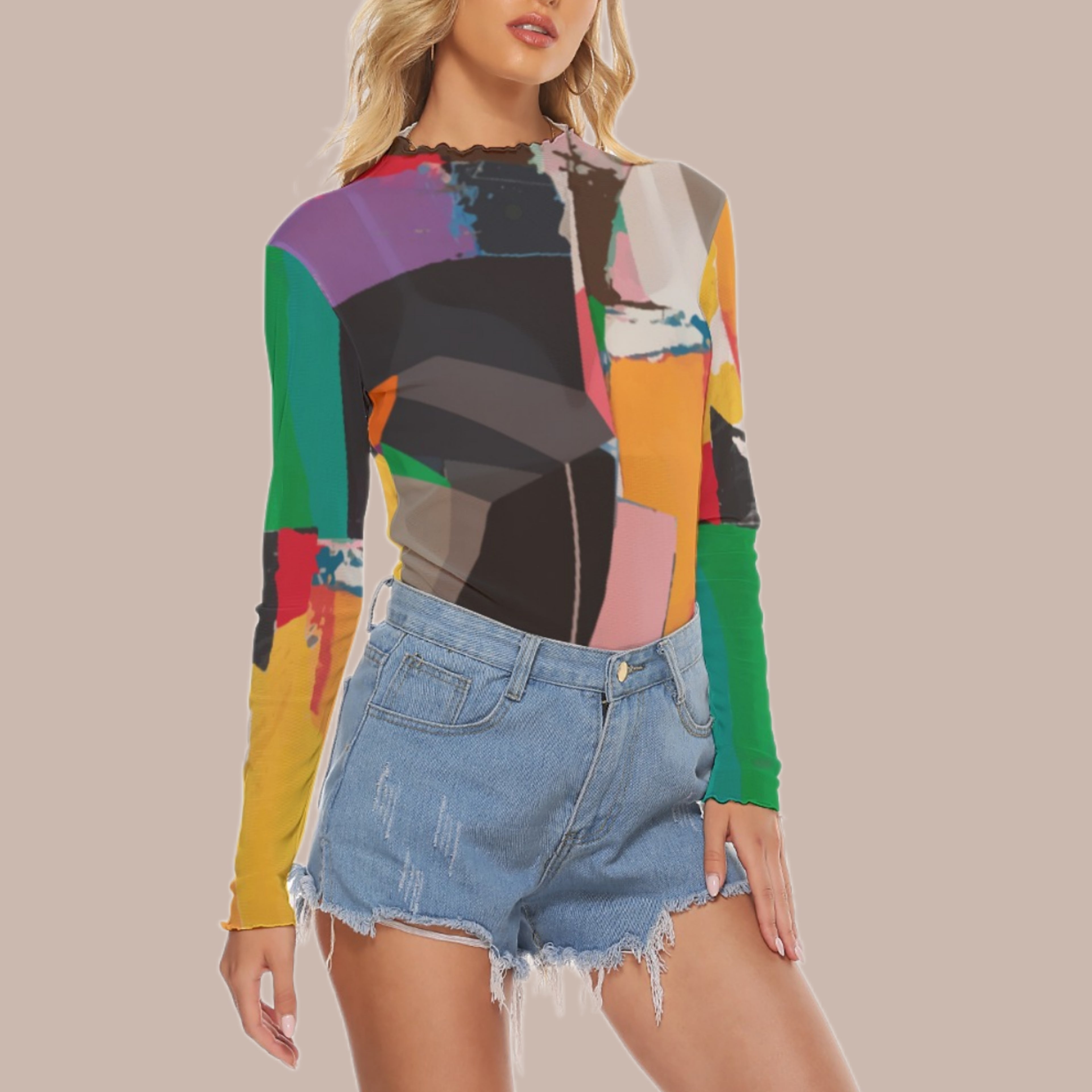 Model wearing a colorful abstract sheer mesh top