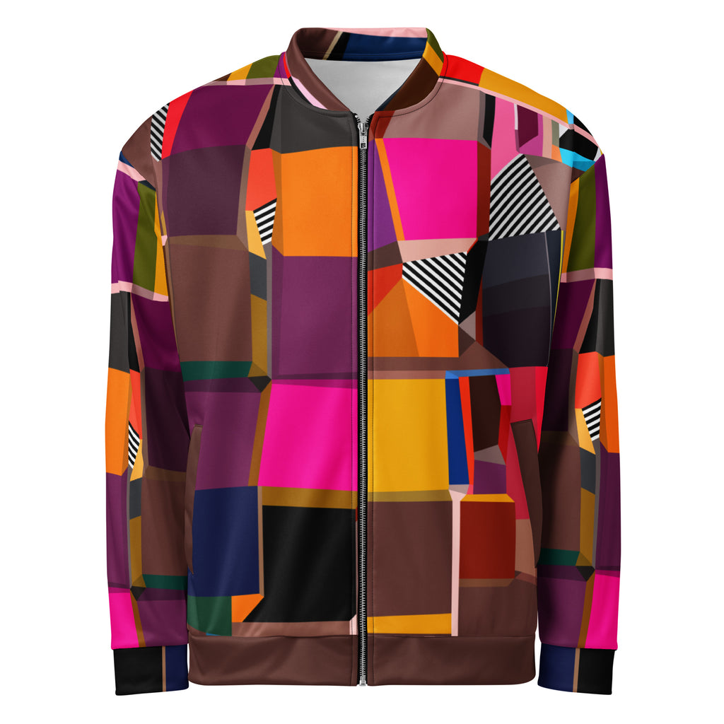 Colorful multicolored bomber jacket in purple, brown and pink with unique artistic print, unisex spring statement jacket for festivals, concerts, parties and street style fashion