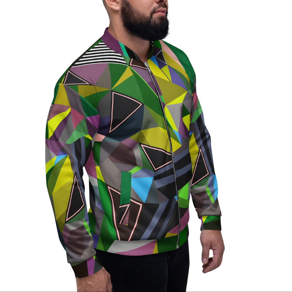 Front view of a futuristic cyberpunk graphic print bomber jacket for streetwear fashion
