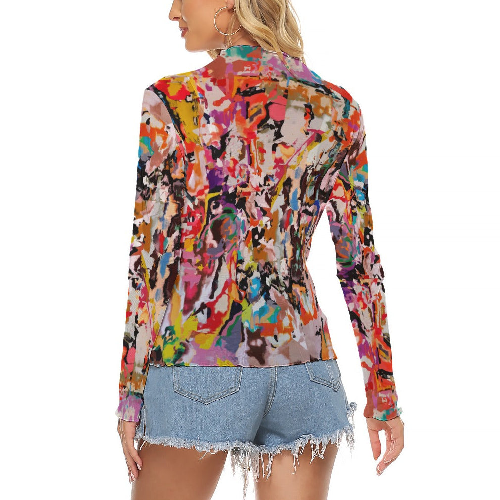 Women's Artistic Mesh Top | Colorful All-Over Print Blouse