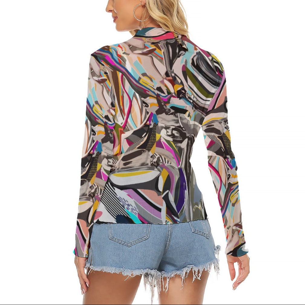 Wavy Abstract Mesh Top | Women's Colorful Sheer Blouse