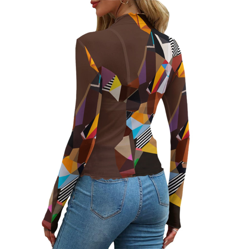 Brown Abstract Sheer Mesh Top - Artist Design Long Sleeve Shirt