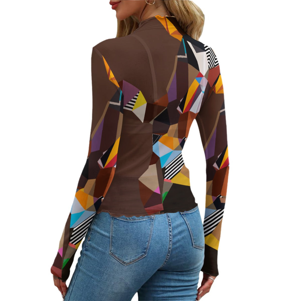 Brown Abstract Sheer Mesh Top - Artist Design Long Sleeve Shirt