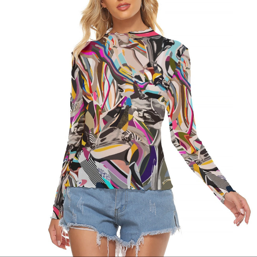 Wavy Abstract Mesh Top | Women's Colorful Sheer Blouse