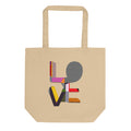 Organic cotton LOVE graphic tote bag front view on clean background
