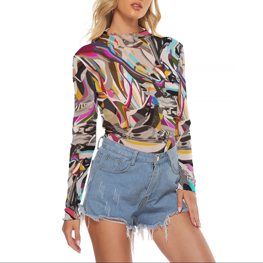 Wavy Abstract Mesh Top | Women's Colorful Sheer Blouse