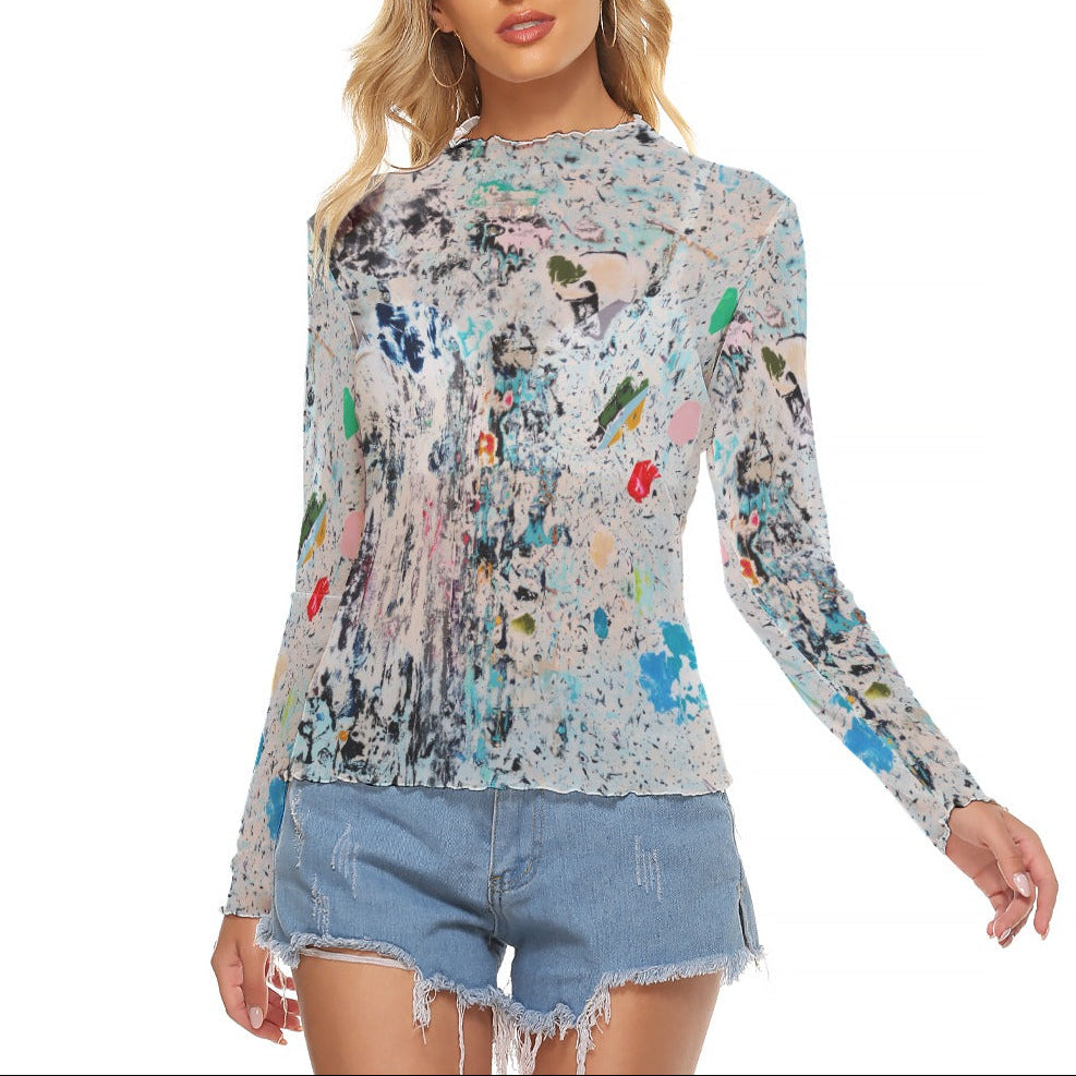 Woman wearing a long-sleeve abstract painting Sheer Mesh top