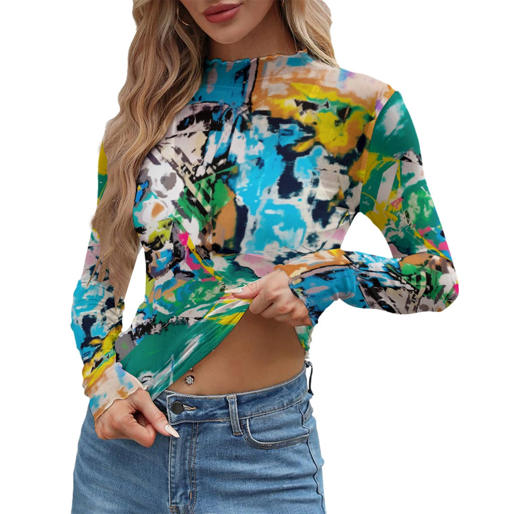 Abstract Art Sheer Mesh Top - See Through Transparent Blouse