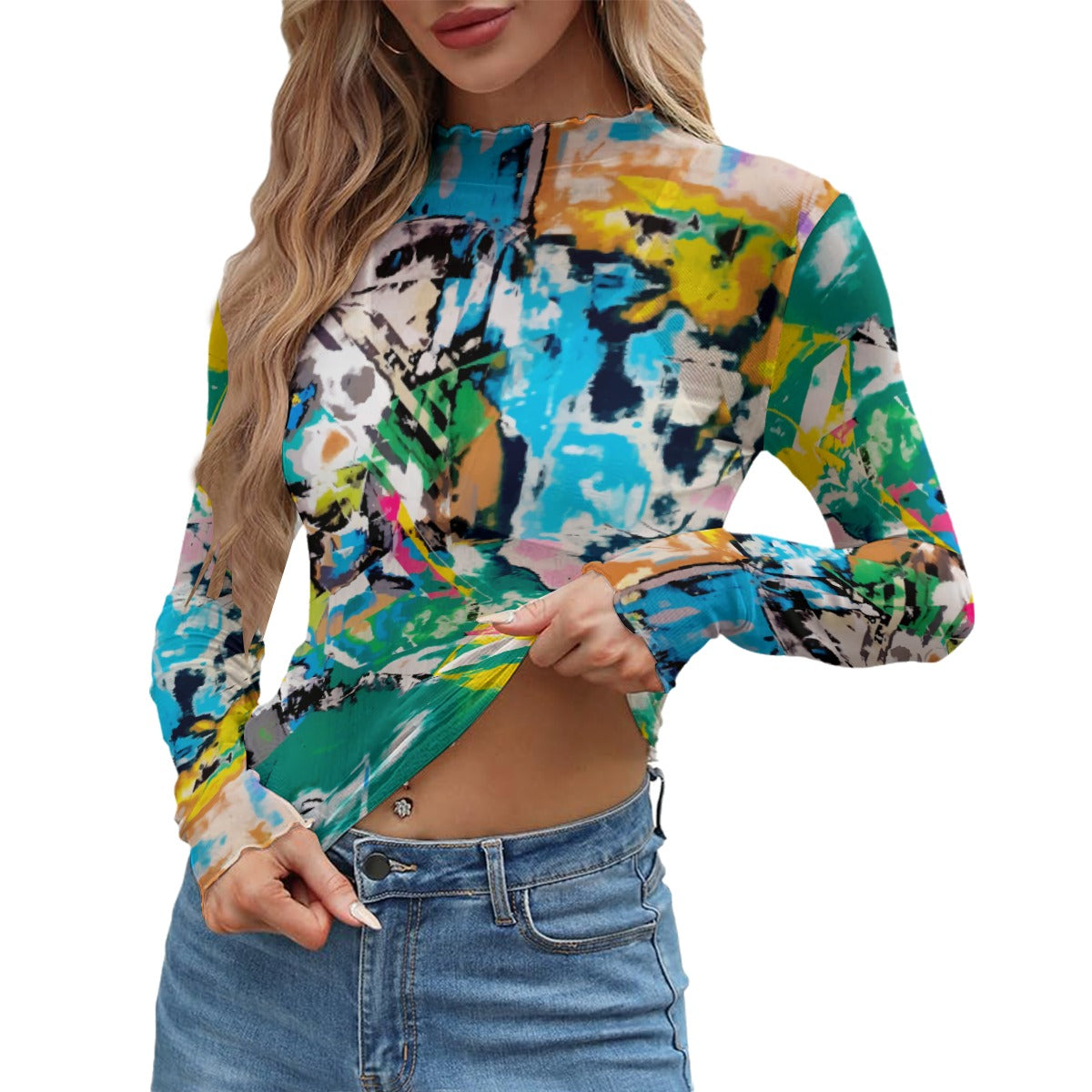 Abstract Art Sheer Mesh Top - See Through Transparent Blouse