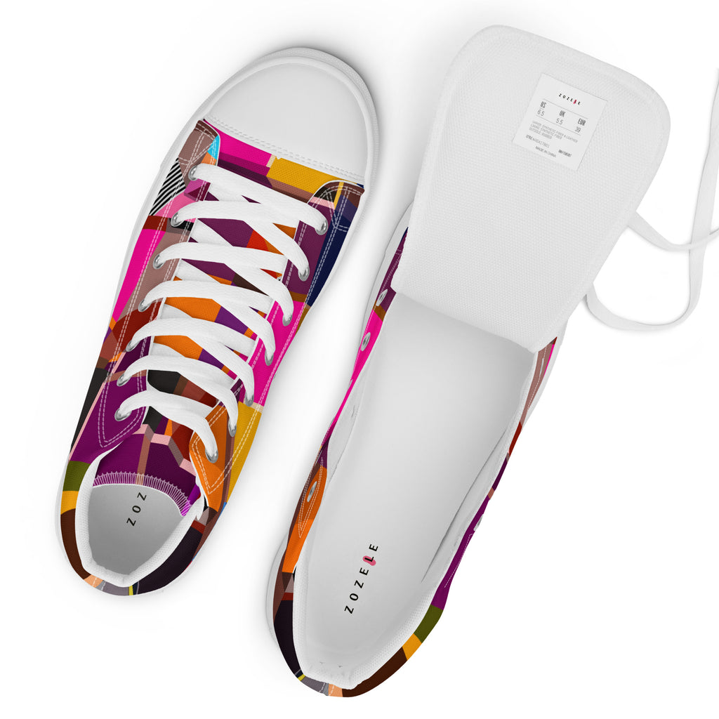 Men's geometric print high top canvas sneakers with multicolored pattern design
