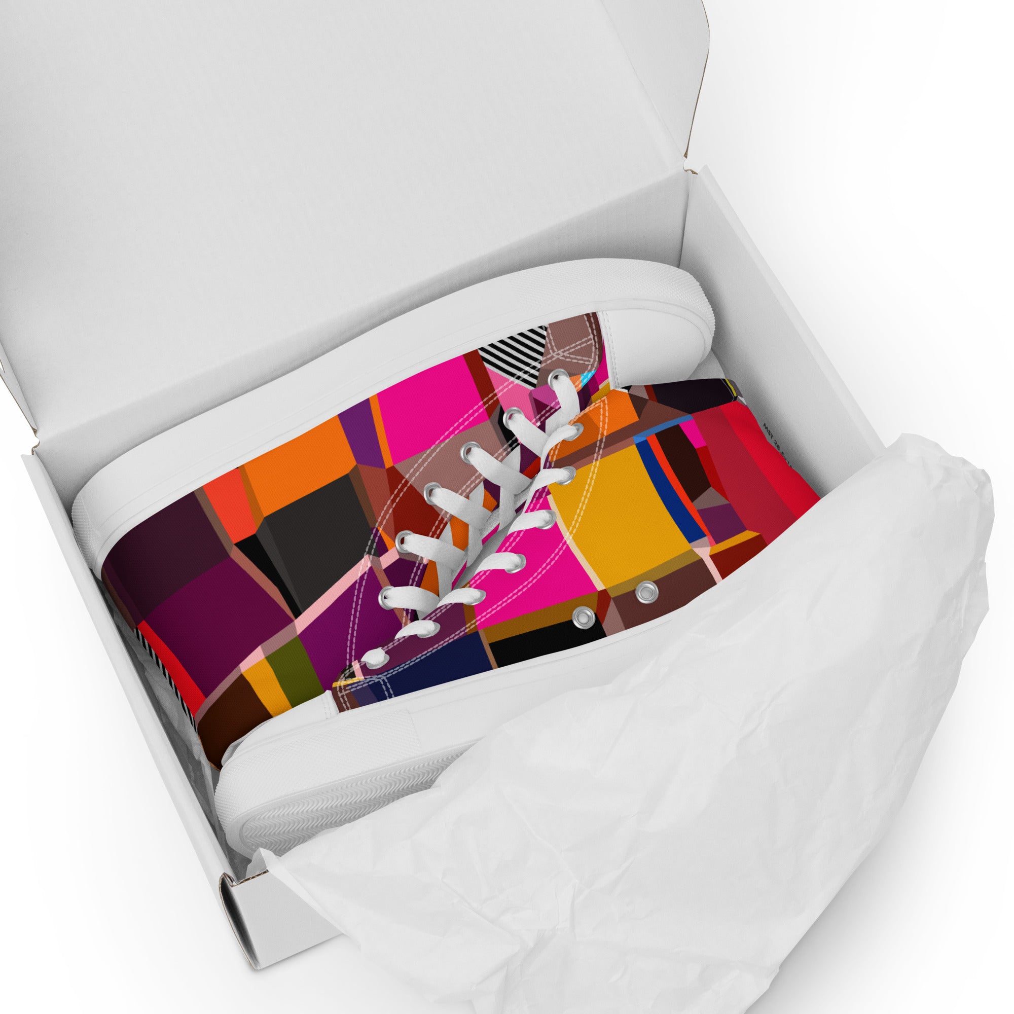 Men's geometric print high top canvas sneakers with multicolored pattern design