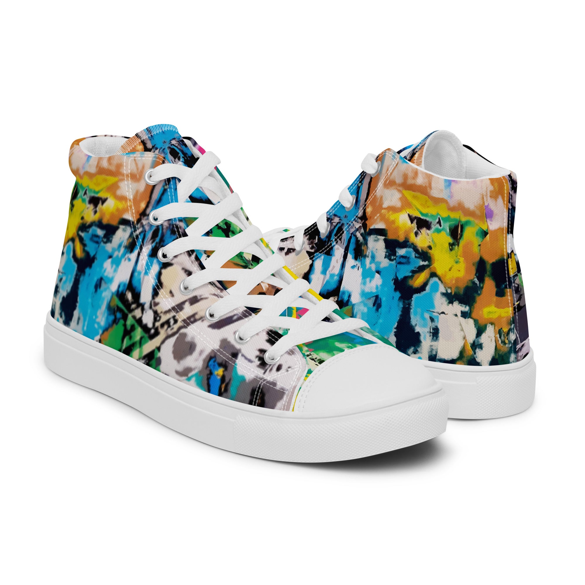 Men's multicolored high top canvas sneakers with a bright colorful design for summer parties and festivals
