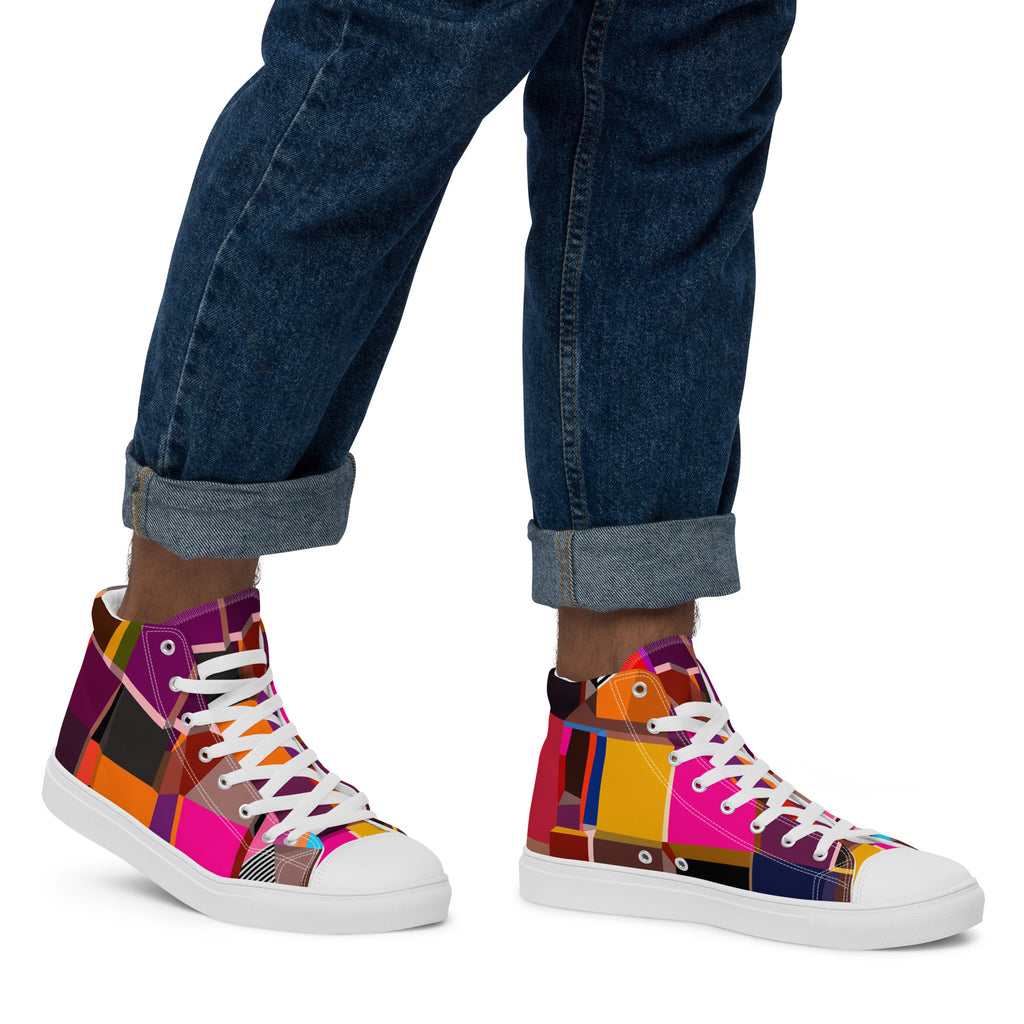 Men's geometric print high top canvas sneakers with multicolored pattern design