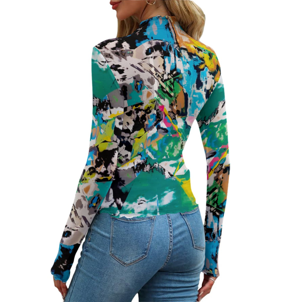 Abstract Art Sheer Mesh Top - See Through Transparent Blouse