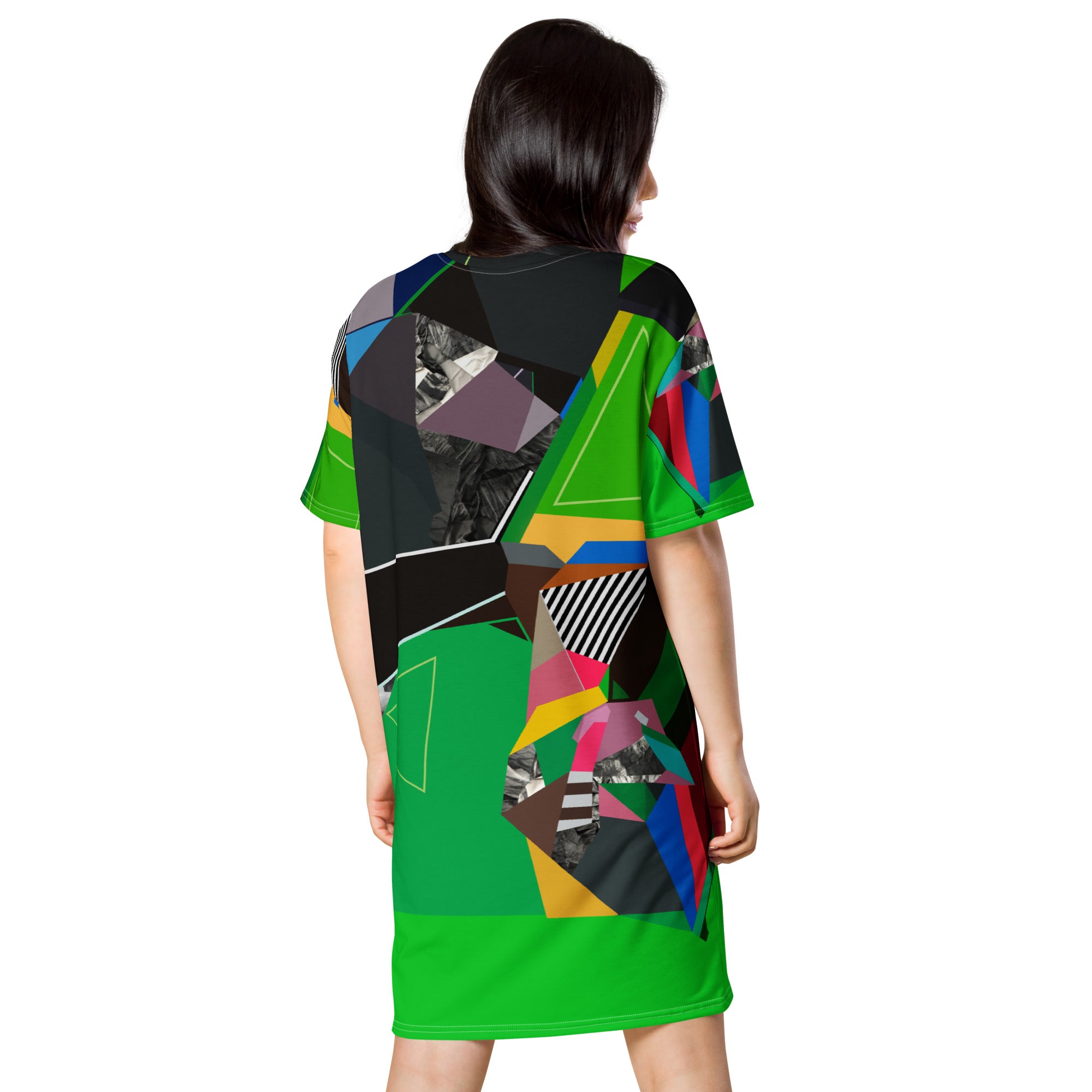 Back view of modern abstract print T-shirt dress with short sleeves, modern street style casual dress, loose fit graphic mini dress for everyday wear