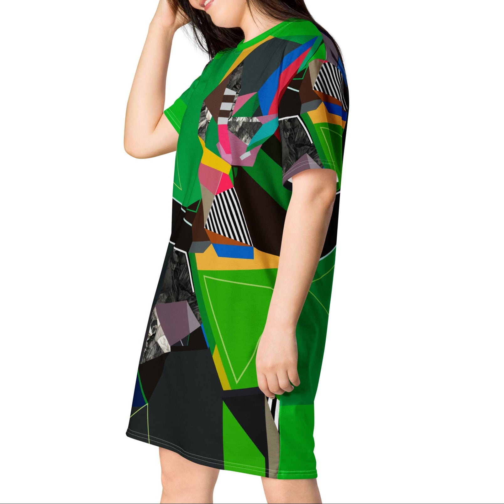 Green abstract graphic T-shirt dress for women, short sleeve modern casual dress, street style summer outfit, relaxed fit comfy fashion piece