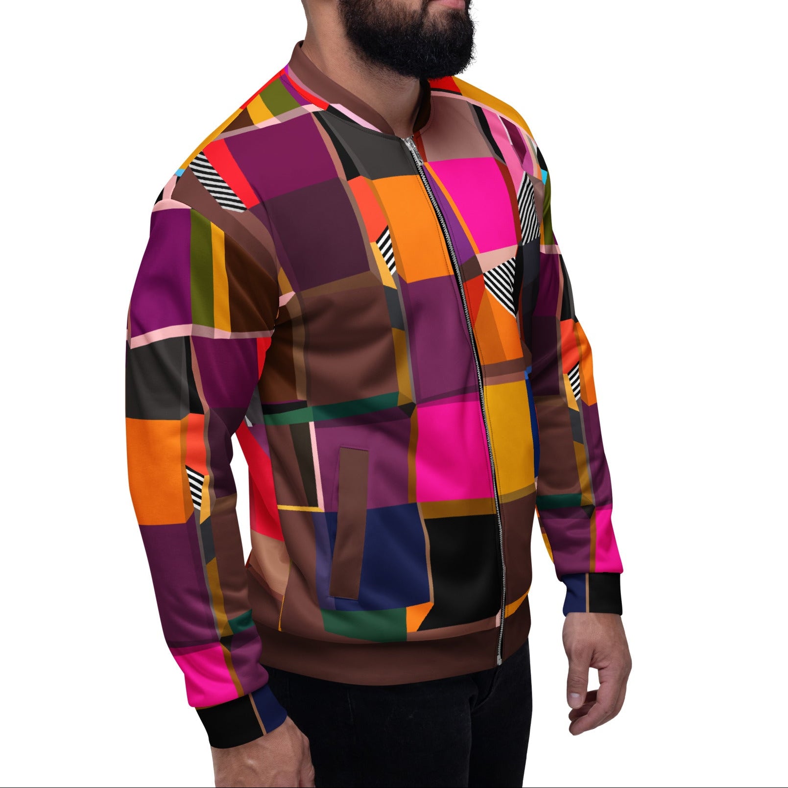 Multicolored purple brown pink statement bomber jacket for men and women, bold spring outerwear for festivals, concerts and fashion events