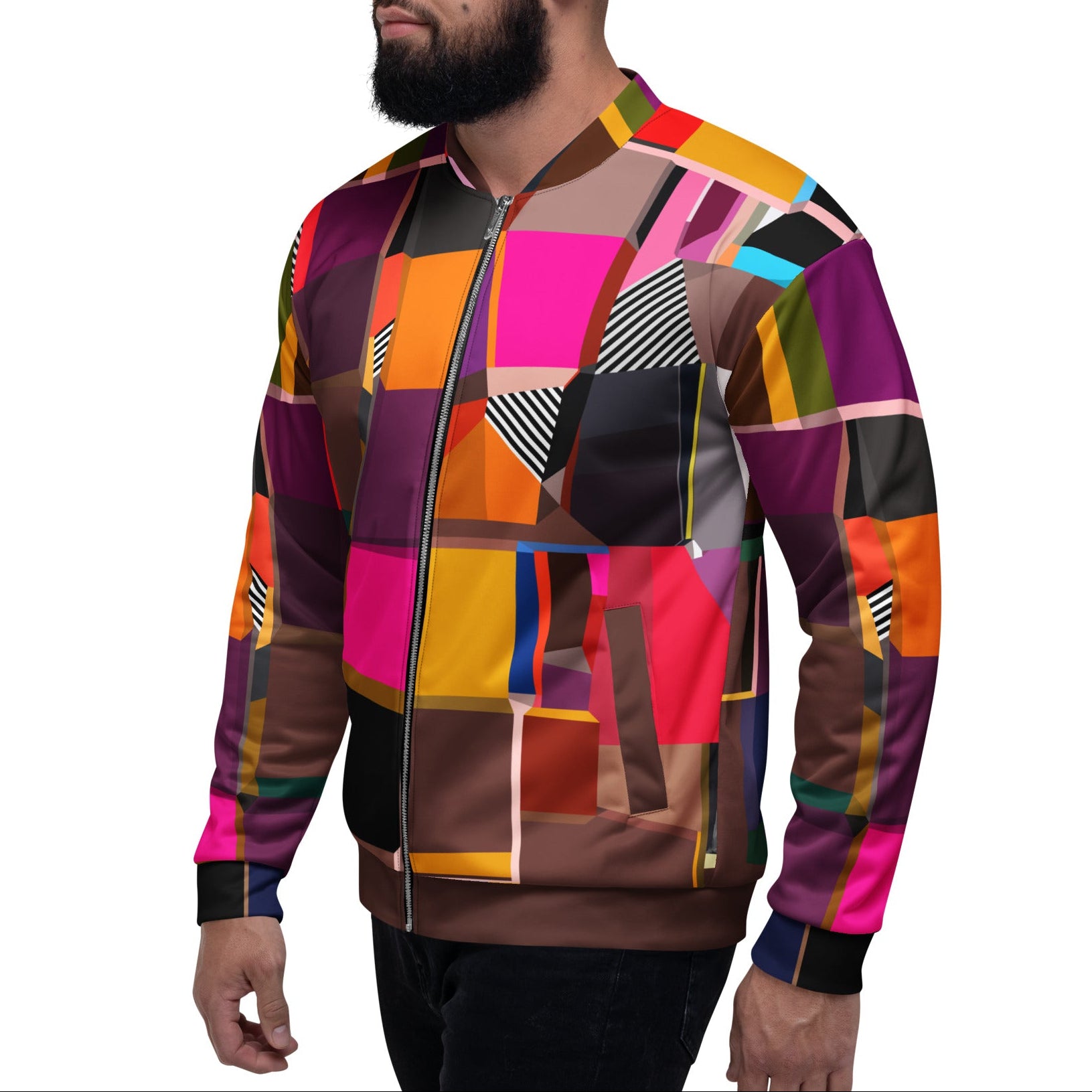 Bold multicolor purple brown pink print bomber jacket for men and women, artistic statement outerwear for spring festivals, art fairs, concerts and urban streetwear looks
