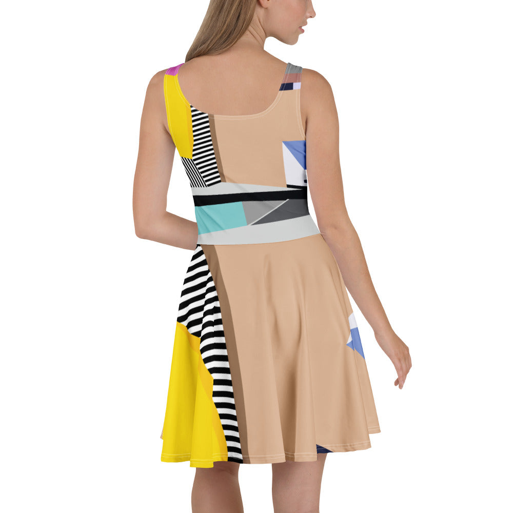 Back view of multicolor mini party dress, fit and flare skater style with sleeveless design, perfect casual or event outfit for women