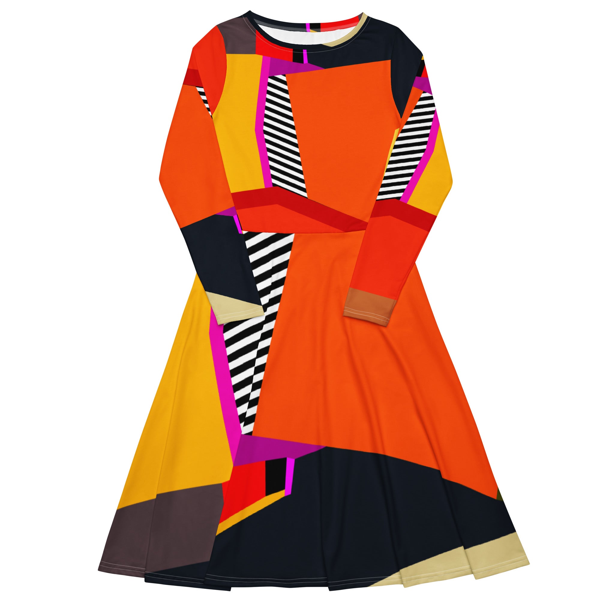 Artistic color-block dress in saturated red, yellow, magenta, and black with dynamic striped inserts, long sleeves and fluid midi skirt—confident, gallery-ready statement fashion.