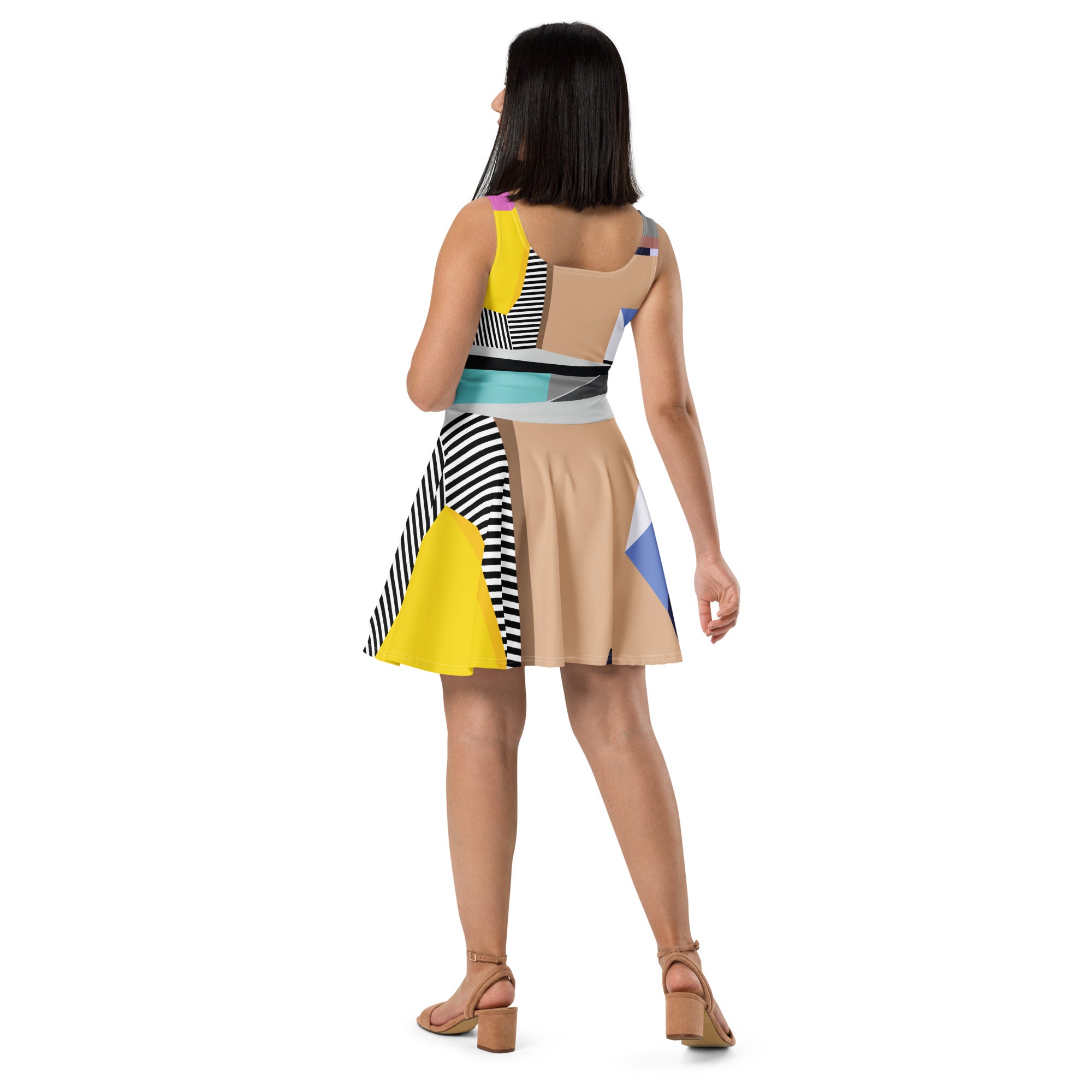 Back view of multicolor mini party dress, fit and flare skater style with sleeveless design, perfect casual or event outfit for women