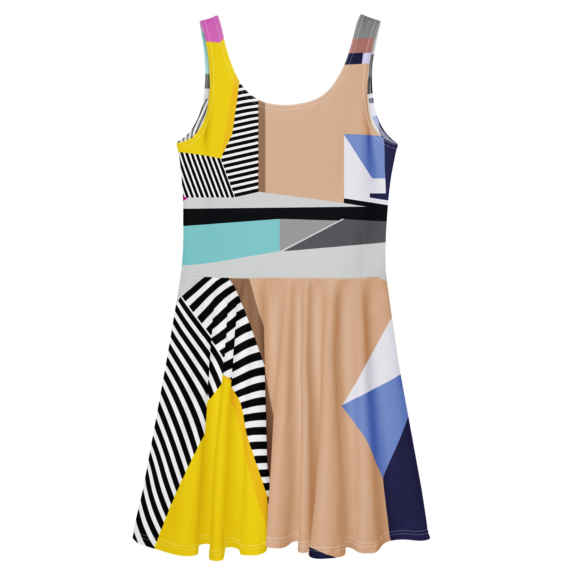 Creative flat lay of pink multicolor mini party dress, sleeveless skater style with unique stripes, casual and statement outfit for dancing, parties, and events