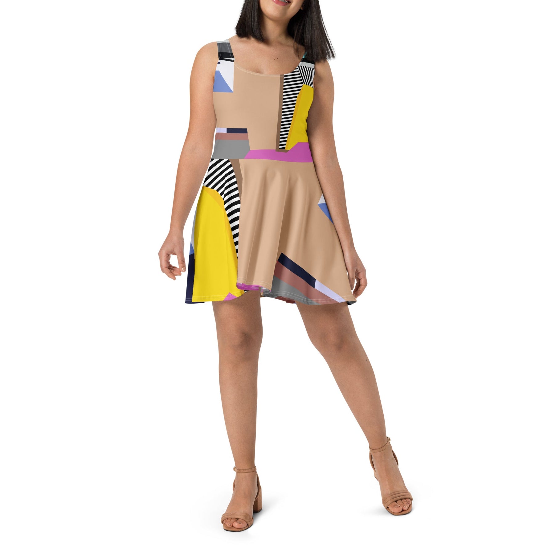 Female model wearing colorful sleeveless pink mini party dress with black and white stripes, fit and flare skater style, perfect for dancing and events