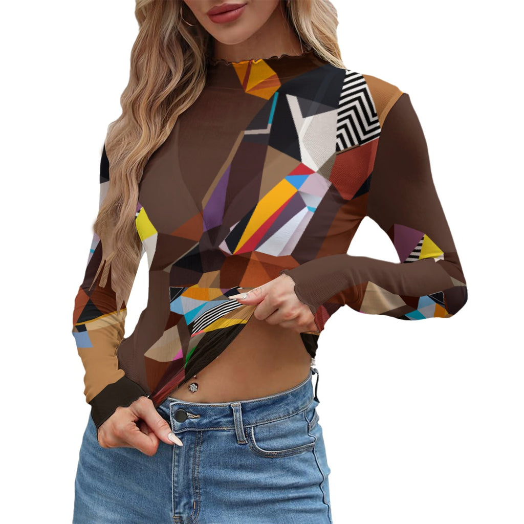 Brown Abstract Sheer Mesh Top - Artist Design Long Sleeve Shirt