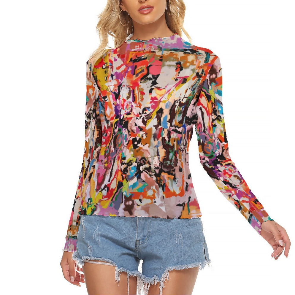 Women's Artistic Mesh Top | Colorful All-Over Print Blouse