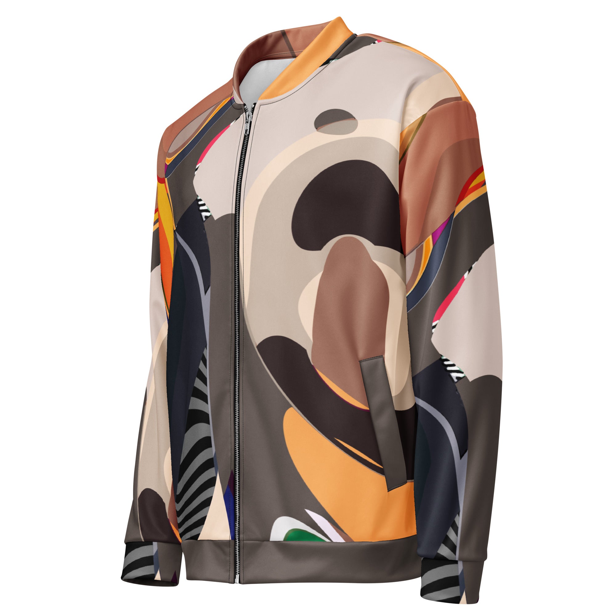 Side view of modern retro brown bomber jacket with liquid swirl print, trendy outerwear for parties, casual events, and urban fashion.