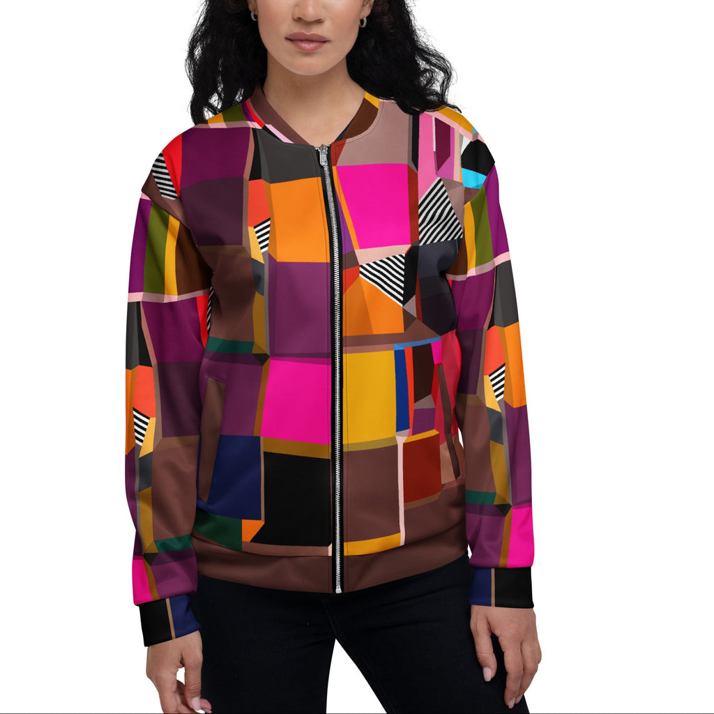 Female model wearing colorful multicolored purple, brown and pink print bomber jacket, bold artistic spring statement jacket for festivals, concerts and street style fashion