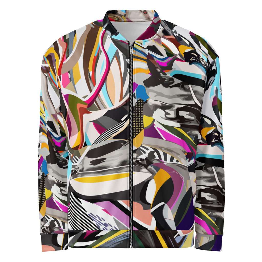 Front view of a trippy wavy print bomber jacket in Y2K liquid swirl style