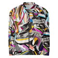 Front view of a trippy wavy print bomber jacket in Y2K liquid swirl style