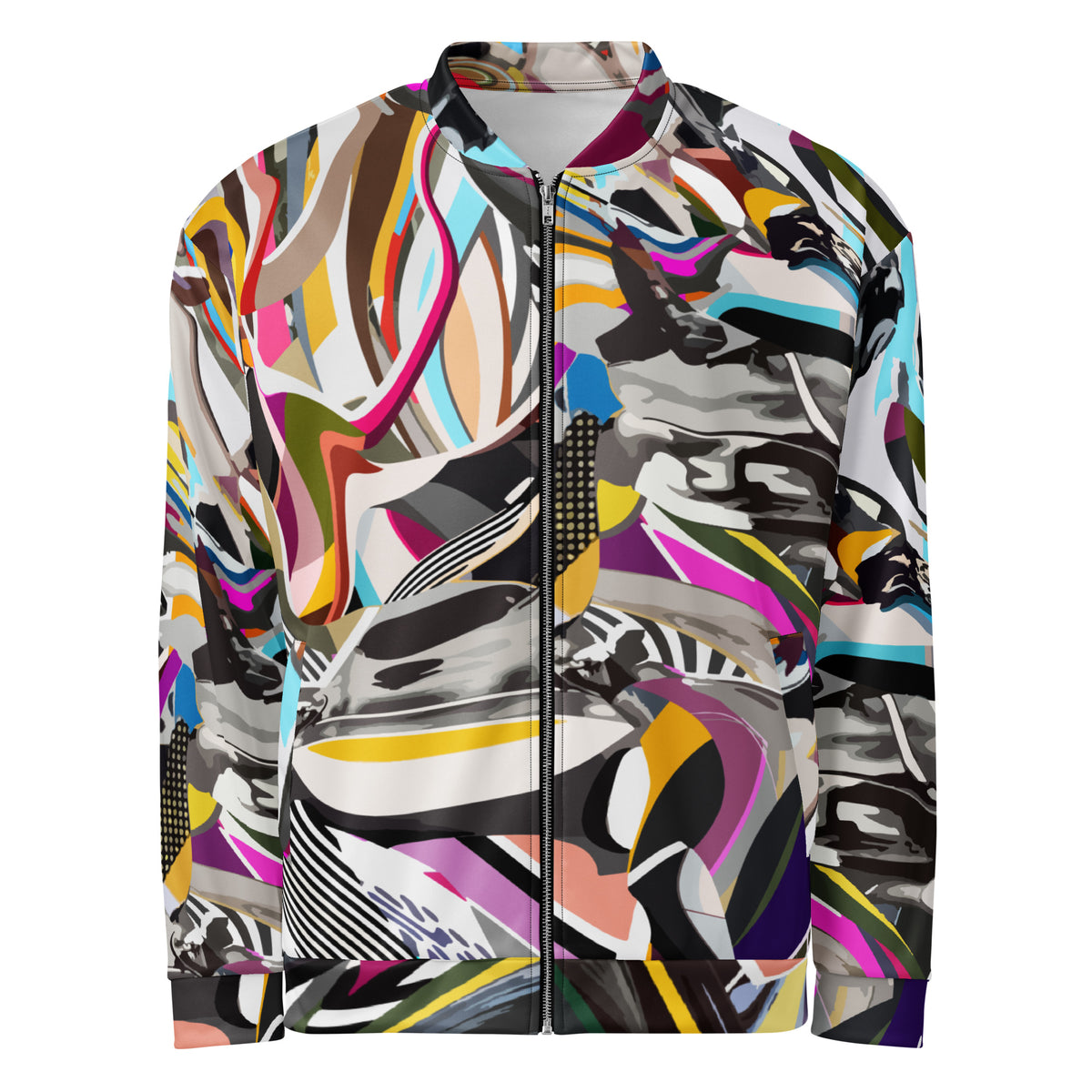 Front view of a trippy wavy print bomber jacket in Y2K liquid swirl style