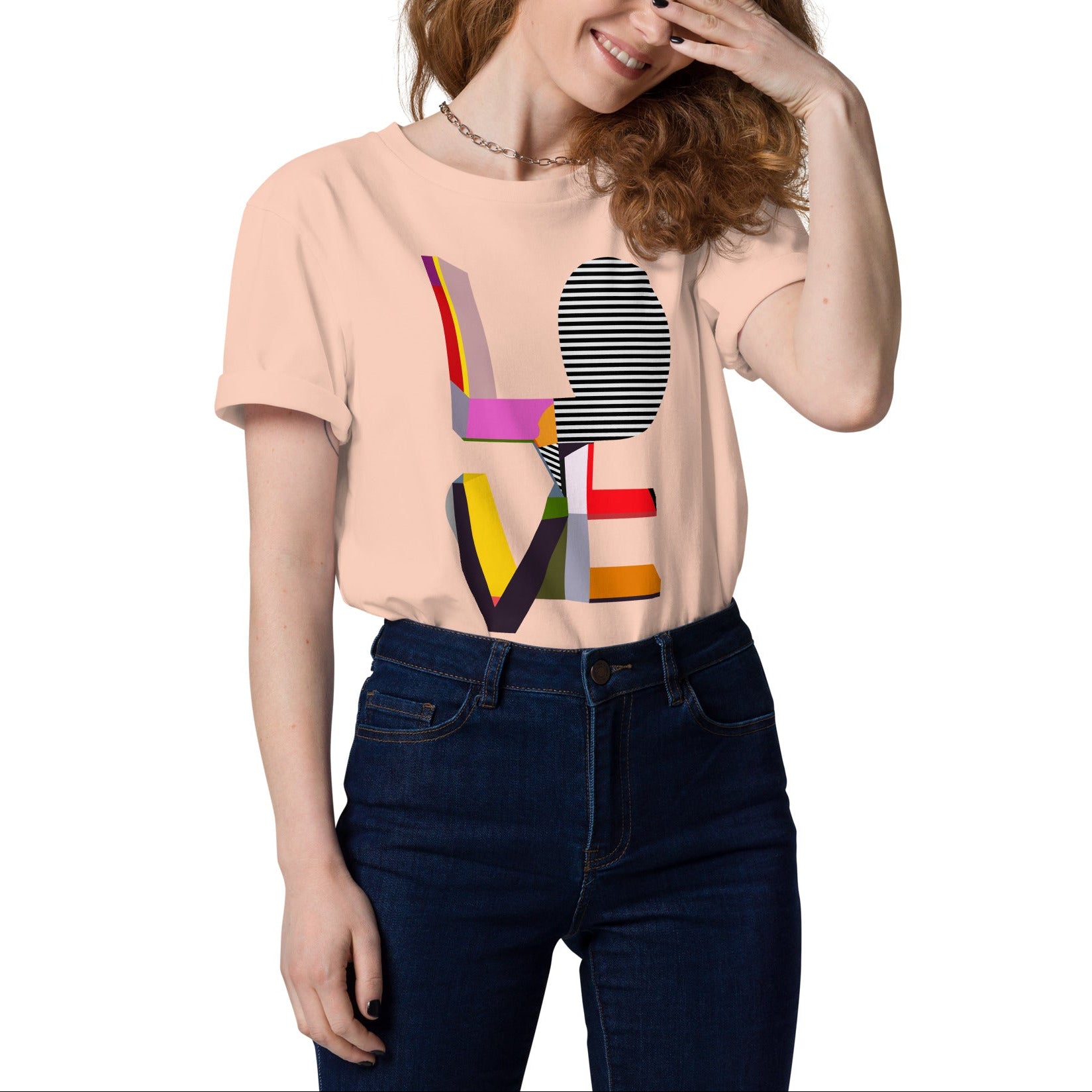 LOVE art print graphic tee in Fraiche Peche — artist-designed organic cotton T-shirt by ZOZELE
