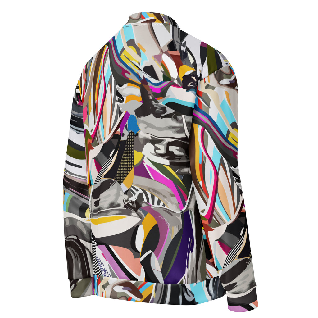 Side profile view of vibrant wavy graphic streetwear bomber jacket for men and women