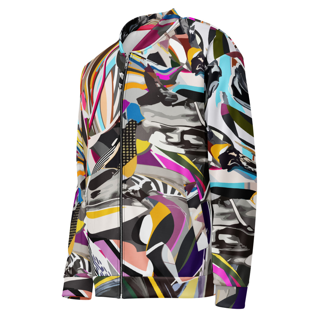 Side profile view of vibrant wavy graphic streetwear bomber jacket for men and women