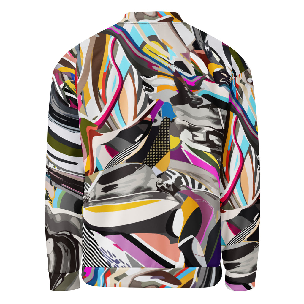 Back view of Y2K liquid swirl pattern bomber jacket with bold abstract wavy lines